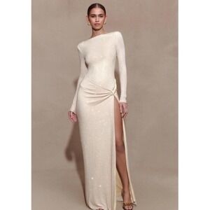MESHKI Deanna Long Sleeve Diamante‎ Maxi Dress Gold Large New With Tags